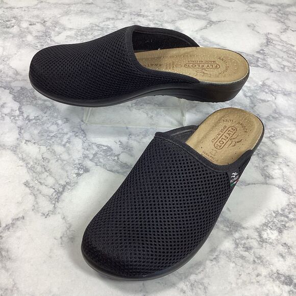 Fly Flot Womens 7.5 Clogs Black Mesh Leather Anatomic Anti Shock Slip On Casual - Picture 1 of 8